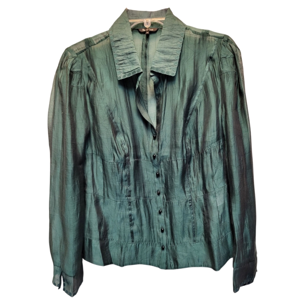 NIC+ZOE Green Sheer Structured Notched Collar Buttoned Blouse - Size 12